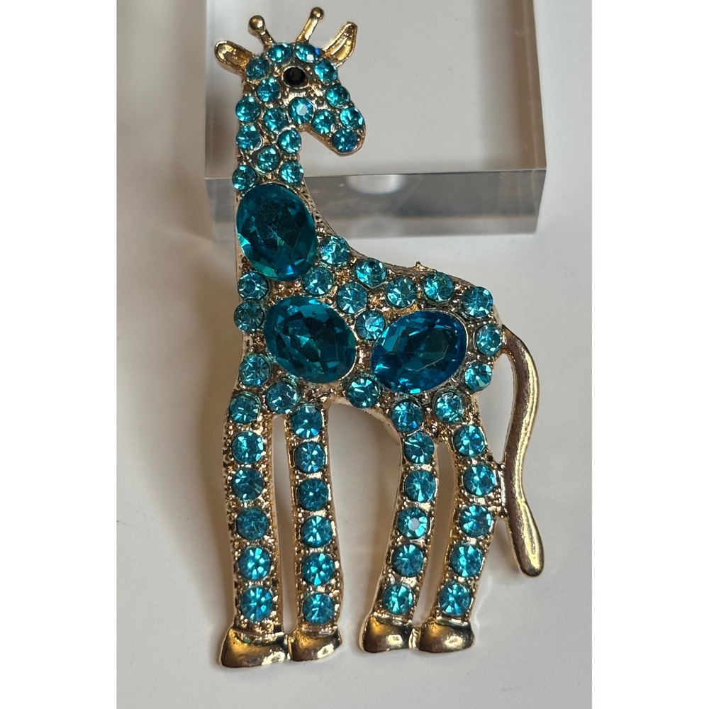 Giraffe Brooch Blue Rhinestone Gold Tone Whimsical Pin